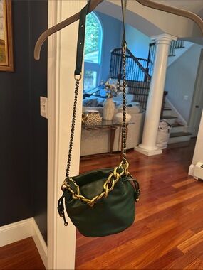 Green Leather Chain-Accent Crossbody Bag